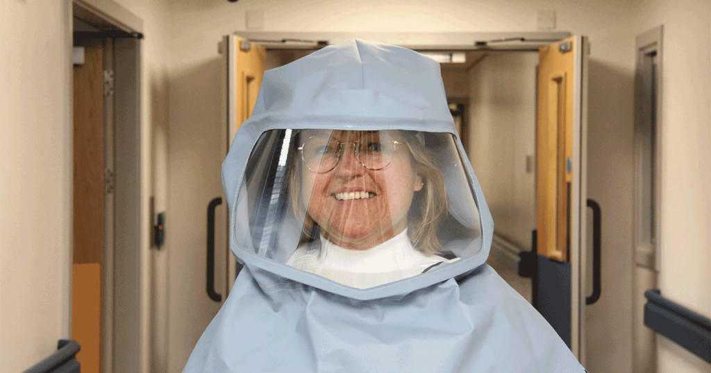 Technical medical support, Morecambe Bay, Matron Sally Young wearing hood